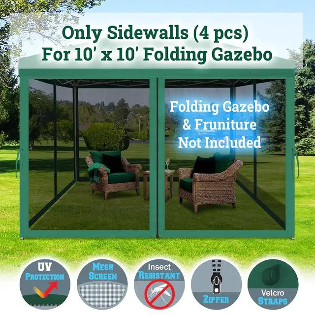 Alt view image 2 of 7 - YardGrow Replacement Mosquito Netting Mesh Sidewalls for 10'x10' Gazebo, Mosquito Net Only, 4 Pack (Green)