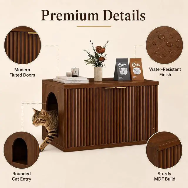 Alt view image 4 of 7 - Homhedy Cat Litter Box Enclosure,Modern Fluted Accent,Reddish Brown | Wooden Cat Washroom Furniture, Indoor Cat House, Pet Storage Cabinet, Dog-Proof, Mid Century Modern Style