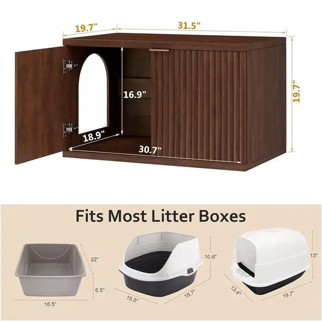 Alt view image 3 of 7 - Homhedy Cat Litter Box Enclosure,Modern Fluted Accent,Reddish Brown | Wooden Cat Washroom Furniture, Indoor Cat House, Pet Storage Cabinet, Dog-Proof, Mid Century Modern Style