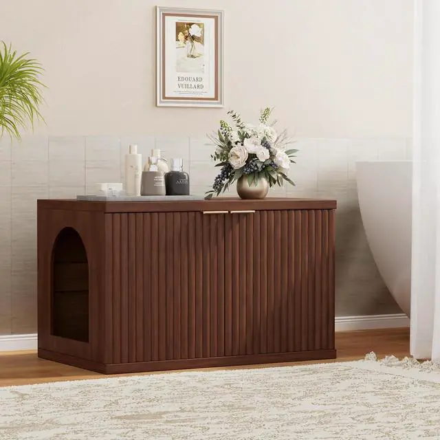 Alt view image 2 of 7 - Homhedy Cat Litter Box Enclosure,Modern Fluted Accent,Reddish Brown | Wooden Cat Washroom Furniture, Indoor Cat House, Pet Storage Cabinet, Dog-Proof, Mid Century Modern Style