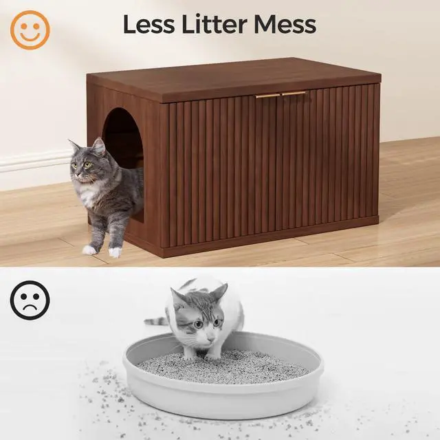 Alt view image 5 of 7 - Homhedy Cat Litter Box Enclosure,Modern Fluted Accent,Reddish Brown | Wooden Cat Washroom Furniture, Indoor Cat House, Pet Storage Cabinet, Dog-Proof, Mid Century Modern Style