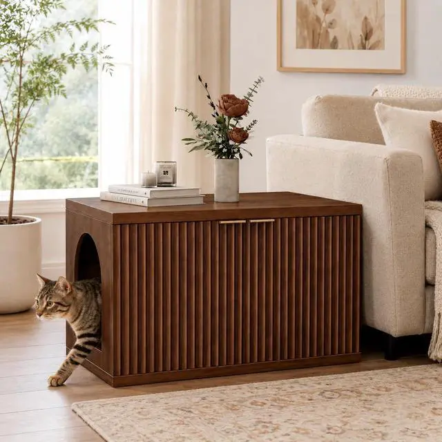 Alt view image 7 of 7 - Homhedy Cat Litter Box Enclosure,Modern Fluted Accent,Reddish Brown | Wooden Cat Washroom Furniture, Indoor Cat House, Pet Storage Cabinet, Dog-Proof, Mid Century Modern Style