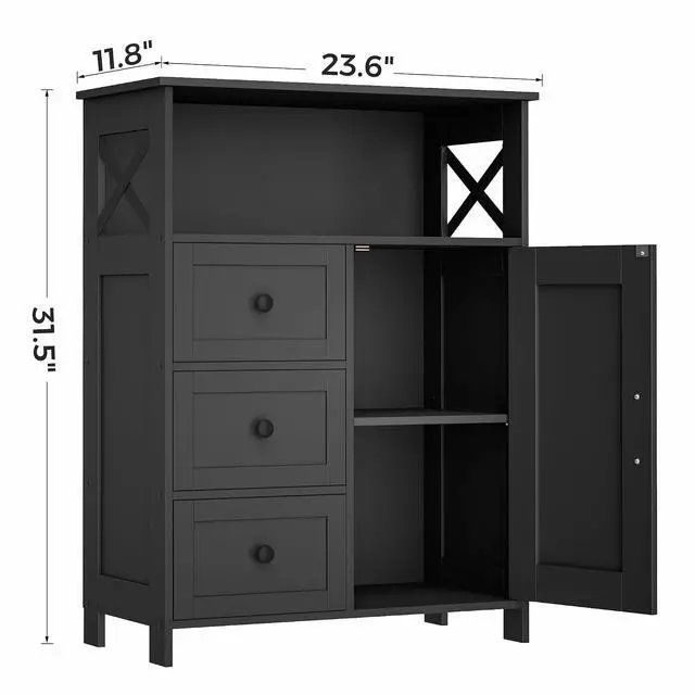 Alt view image 2 of 7 - Homhedy Bathroom Storage Cabinet with 3 Drawers, Toilet Paper Cabinet | Farmhouse Freestanding Floor Cabinet with Door and Adjustable Shelf, Small Cabinet for Bathroom, Living Room, Black