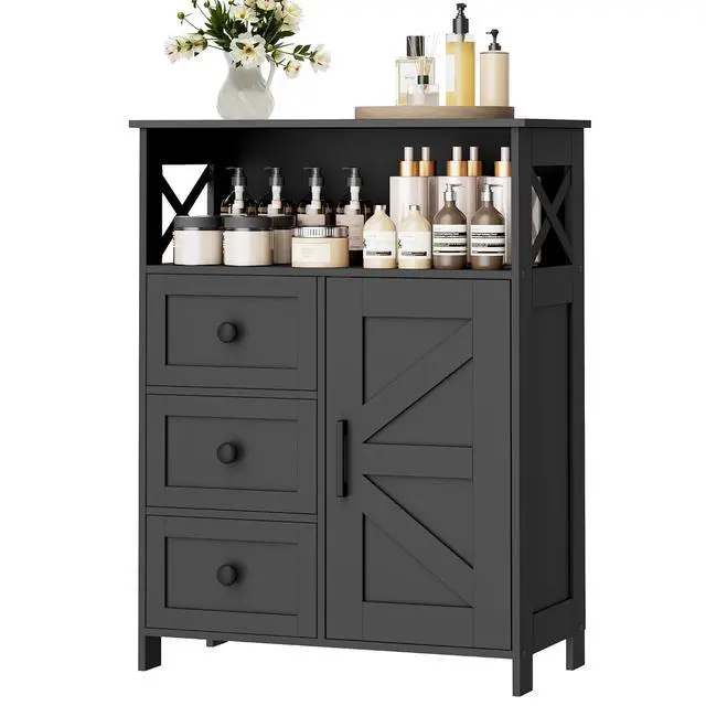 Alt view image 3 of 7 - Homhedy Bathroom Storage Cabinet with 3 Drawers, Toilet Paper Cabinet | Farmhouse Freestanding Floor Cabinet with Door and Adjustable Shelf, Small Cabinet for Bathroom, Living Room, Black
