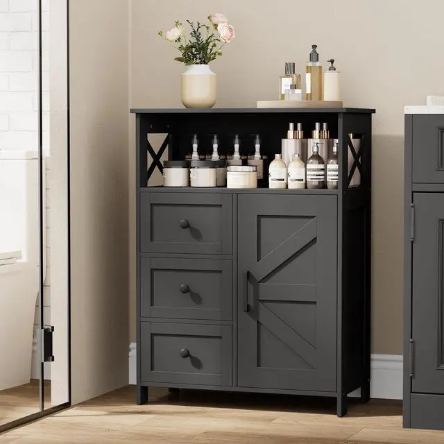 Main image of Homhedy Bathroom Storage Cabinet with 3 Drawers, Toilet Paper Cabinet | Farmhouse Freestanding Floor Cabinet with Door and Adjustable Shelf, Small Cabinet for Bathroom, Living Room, Black