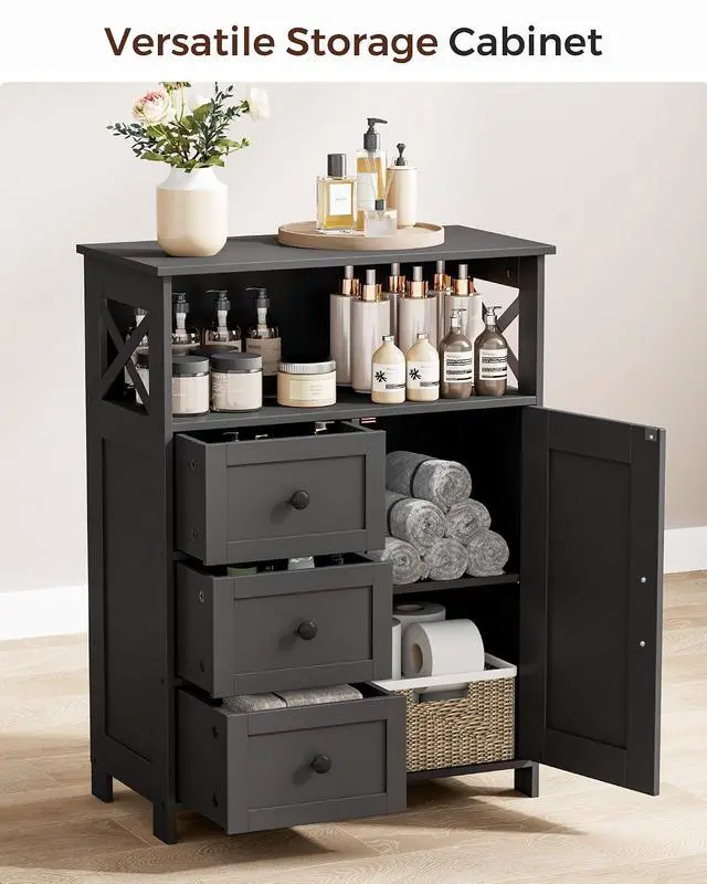 Alt view image 4 of 7 - Homhedy Bathroom Storage Cabinet with 3 Drawers, Toilet Paper Cabinet | Farmhouse Freestanding Floor Cabinet with Door and Adjustable Shelf, Small Cabinet for Bathroom, Living Room, Black