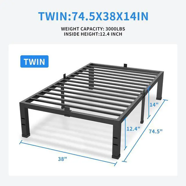 Alt view image 3 of 7 - MAF Twin Bed Frame 14 Inch Metal Platform Black with Mattress Slip Stopper | Heavy Duty Steel Slat Support, No Box Spring Needed, Easy Assembly, Storage Space, Noise Free, Headboard Holes