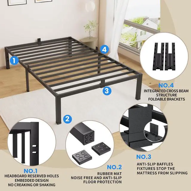 Alt view image 4 of 7 - MAF Twin Bed Frame 14 Inch Metal Platform Black with Mattress Slip Stopper | Heavy Duty Steel Slat Support, No Box Spring Needed, Easy Assembly, Storage Space, Noise Free, Headboard Holes