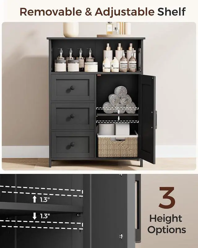 Alt view image 5 of 7 - Homhedy Bathroom Storage Cabinet with 3 Drawers, Toilet Paper Cabinet | Farmhouse Freestanding Floor Cabinet with Door and Adjustable Shelf, Small Cabinet for Bathroom, Living Room, Black