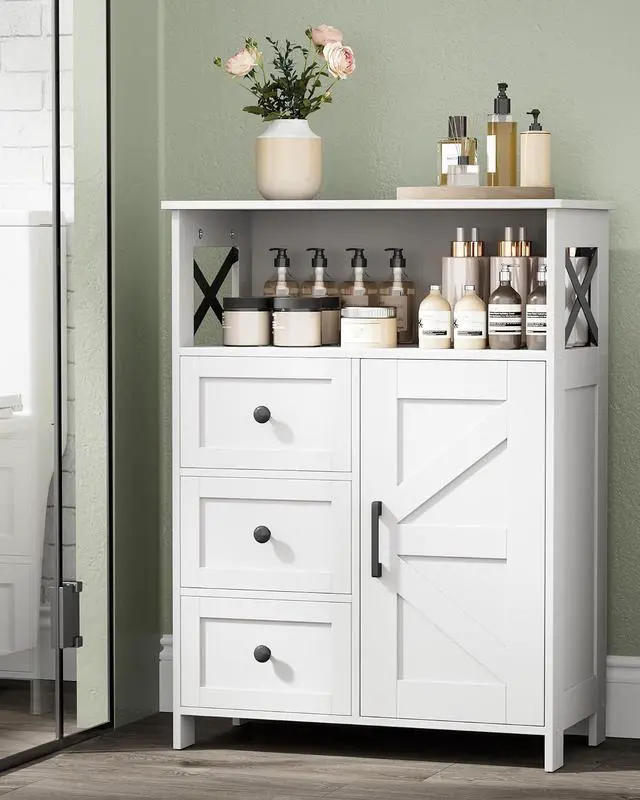 Main image of Homhedy Bathroom Storage Cabinet with 3 Drawers, Toilet Paper Cabinet | Farmhouse Freestanding Floor Cabinet with Door and Adjustable Shelf, Small Cabinet for Bathroom, Living Room, White