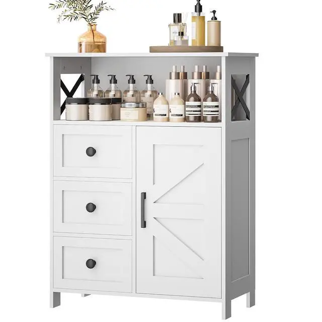 Alt view image 3 of 7 - Homhedy Bathroom Storage Cabinet with 3 Drawers, Toilet Paper Cabinet | Farmhouse Freestanding Floor Cabinet with Door and Adjustable Shelf, Small Cabinet for Bathroom, Living Room, White