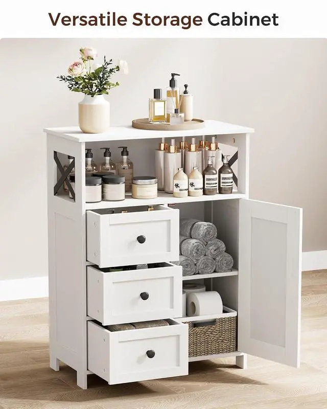 Alt view image 4 of 7 - Homhedy Bathroom Storage Cabinet with 3 Drawers, Toilet Paper Cabinet | Farmhouse Freestanding Floor Cabinet with Door and Adjustable Shelf, Small Cabinet for Bathroom, Living Room, White