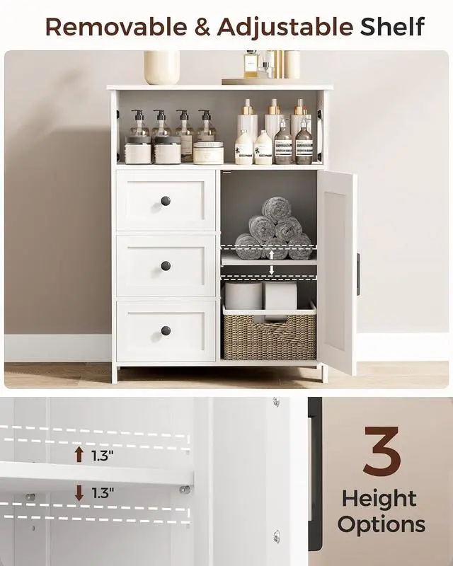 Alt view image 5 of 7 - Homhedy Bathroom Storage Cabinet with 3 Drawers, Toilet Paper Cabinet | Farmhouse Freestanding Floor Cabinet with Door and Adjustable Shelf, Small Cabinet for Bathroom, Living Room, White