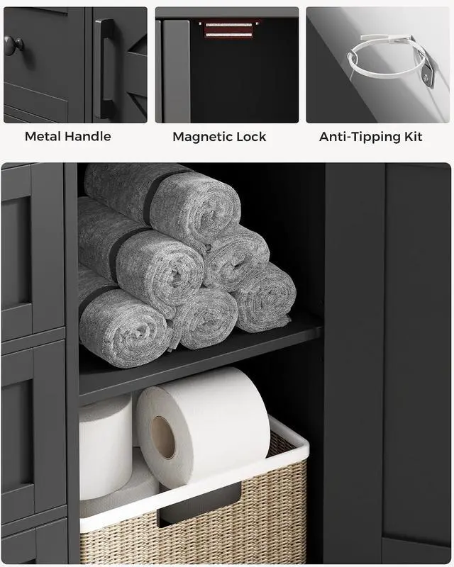 Alt view image 6 of 7 - Homhedy Bathroom Storage Cabinet with 3 Drawers, Toilet Paper Cabinet | Farmhouse Freestanding Floor Cabinet with Door and Adjustable Shelf, Small Cabinet for Bathroom, Living Room, Black