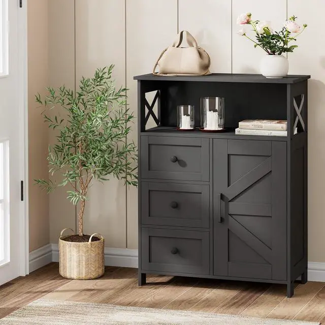 Alt view image 7 of 7 - Homhedy Bathroom Storage Cabinet with 3 Drawers, Toilet Paper Cabinet | Farmhouse Freestanding Floor Cabinet with Door and Adjustable Shelf, Small Cabinet for Bathroom, Living Room, Black