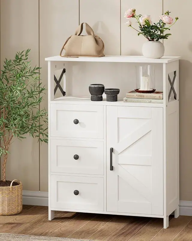 Alt view image 7 of 7 - Homhedy Bathroom Storage Cabinet with 3 Drawers, Toilet Paper Cabinet | Farmhouse Freestanding Floor Cabinet with Door and Adjustable Shelf, Small Cabinet for Bathroom, Living Room, White