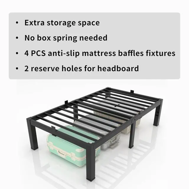 Alt view image 6 of 7 - MAF Twin Bed Frame 14 Inch Metal Platform Black with Mattress Slip Stopper | Heavy Duty Steel Slat Support, No Box Spring Needed, Easy Assembly, Storage Space, Noise Free, Headboard Holes