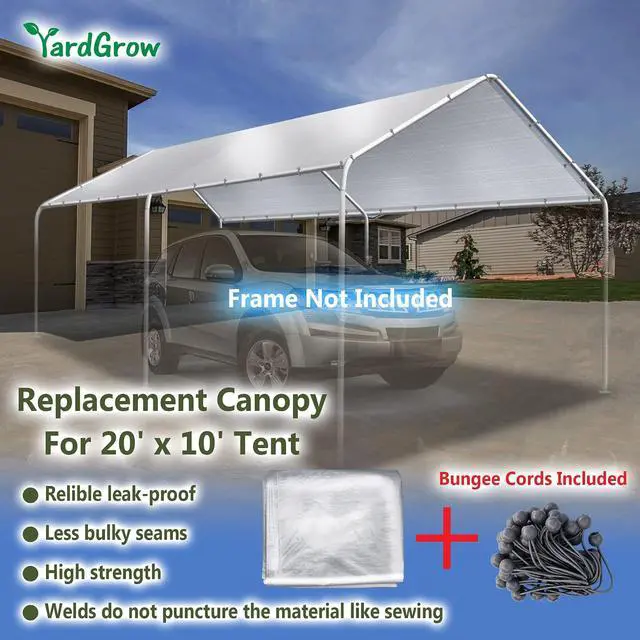 Alt view image 2 of 7 - YardGrow 10x20ft Outdoor Carport Replacement Canopy Cover for Tent Car Shelter Top Tarp Cover w/Bungees, Carport Canopy Top Replacement Cover ONLY (Silver)