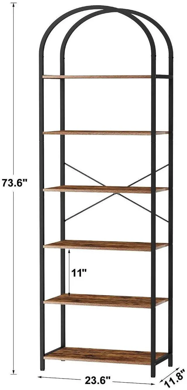 Alt view image 2 of 7 - Homhedy 6-Tier Arched Bookshelf, Display Racks, Tall Book Shelf, 73.6" H | Wood and Metal Bookcase, Industrial Display Standing Shelf Unit, for Home, Office, Living Room, Bedroom, Rustic Brown