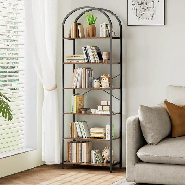 Main image of Homhedy 6-Tier Arched Bookshelf, Display Racks, Tall Book Shelf, 73.6" H | Wood and Metal Bookcase, Industrial Display Standing Shelf Unit, for Home, Office, Living Room, Bedroom, Rustic Brown