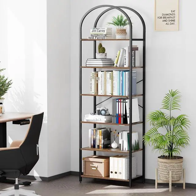 Alt view image 6 of 7 - Homhedy 6-Tier Arched Bookshelf, Display Racks, Tall Book Shelf, 73.6" H | Wood and Metal Bookcase, Industrial Display Standing Shelf Unit, for Home, Office, Living Room, Bedroom, Rustic Brown