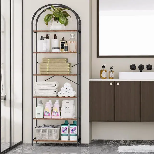 Alt view image 7 of 7 - Homhedy 6-Tier Arched Bookshelf, Display Racks, Tall Book Shelf, 73.6" H | Wood and Metal Bookcase, Industrial Display Standing Shelf Unit, for Home, Office, Living Room, Bedroom, Rustic Brown