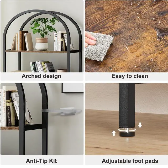 Alt view image 5 of 7 - Homhedy 6-Tier Arched Bookshelf, Display Racks, Tall Book Shelf, 73.6" H | Wood and Metal Bookcase, Industrial Display Standing Shelf Unit, for Home, Office, Living Room, Bedroom, Rustic Brown