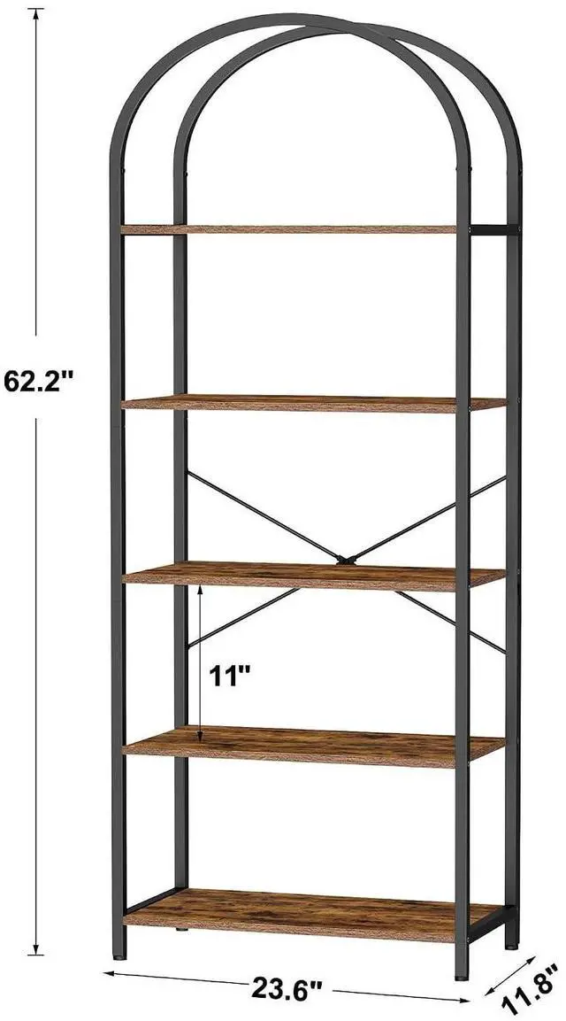 Alt view image 2 of 7 - Homhedy 5-Tier Arched Bookshelf, Display Racks, Tall Book Shelf, 62.2" H | Wood and Metal Bookcase, Industrial Display Standing Shelf Unit, for Home, Office, Living Room, Bedroom, Rustic Brown