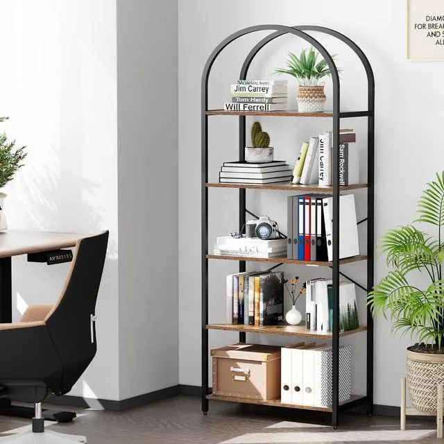 Alt view image 3 of 7 - Homhedy 5-Tier Arched Bookshelf, Display Racks, Tall Book Shelf, 62.2" H | Wood and Metal Bookcase, Industrial Display Standing Shelf Unit, for Home, Office, Living Room, Bedroom, Rustic Brown