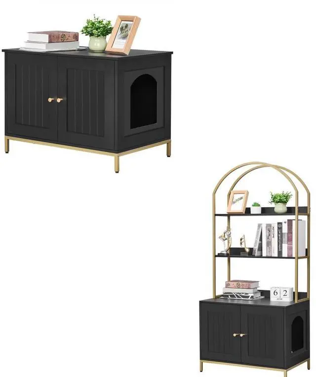 Main image of Homhedy Cat Litter Box Enclosure, Litter Box Furniture Hidden with 2-Tier Storage Shelves,Black