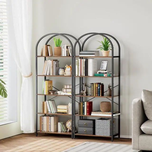 Alt view image 4 of 7 - Homhedy 5-Tier Arched Bookshelf, Display Racks, Tall Book Shelf, 62.2" H | Wood and Metal Bookcase, Industrial Display Standing Shelf Unit, for Home, Office, Living Room, Bedroom, Rustic Brown