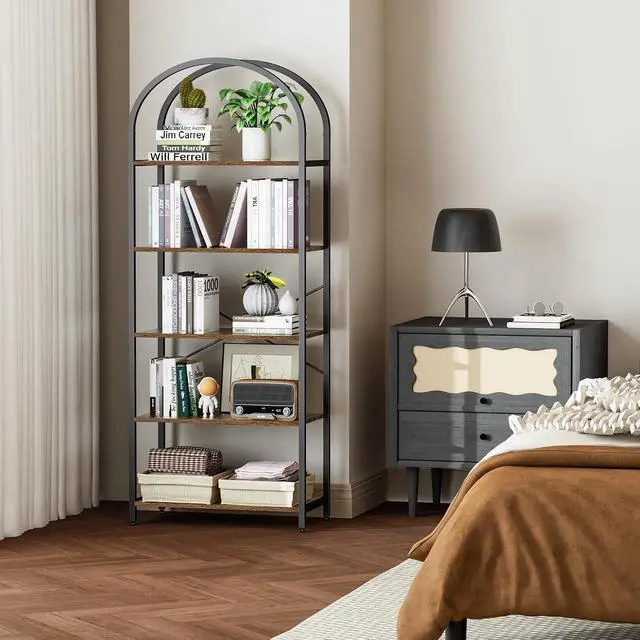 Alt view image 6 of 7 - Homhedy 5-Tier Arched Bookshelf, Display Racks, Tall Book Shelf, 62.2" H | Wood and Metal Bookcase, Industrial Display Standing Shelf Unit, for Home, Office, Living Room, Bedroom, Rustic Brown