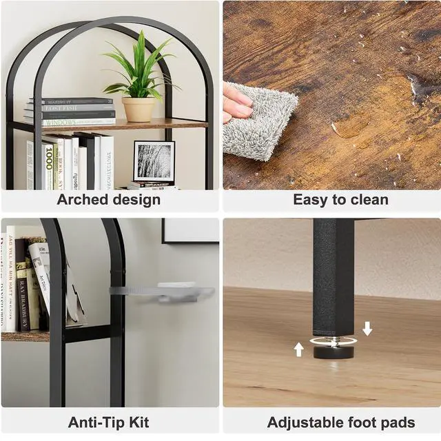 Alt view image 5 of 7 - Homhedy 5-Tier Arched Bookshelf, Display Racks, Tall Book Shelf, 62.2" H | Wood and Metal Bookcase, Industrial Display Standing Shelf Unit, for Home, Office, Living Room, Bedroom, Rustic Brown