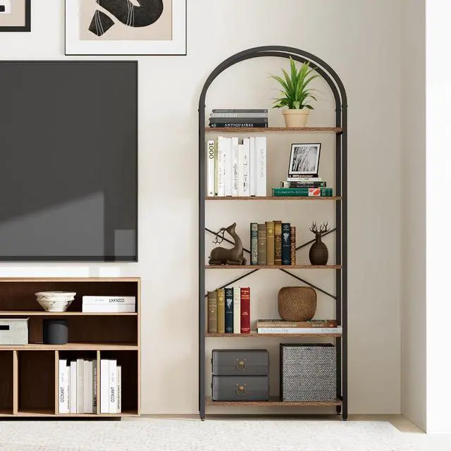 Alt view image 7 of 7 - Homhedy 5-Tier Arched Bookshelf, Display Racks, Tall Book Shelf, 62.2" H | Wood and Metal Bookcase, Industrial Display Standing Shelf Unit, for Home, Office, Living Room, Bedroom, Rustic Brown