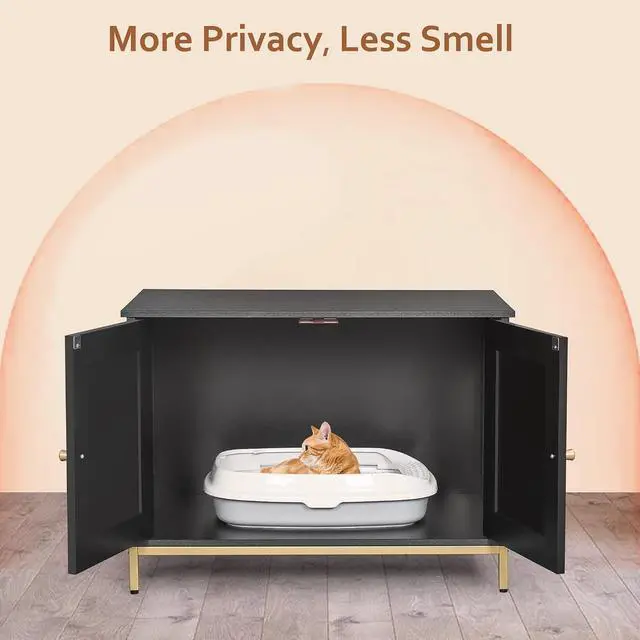 Alt view image 6 of 7 - Homhedy Cat Litter Box Enclosure, Litter Box Furniture Hidden with 2-Tier Storage Shelves,Black