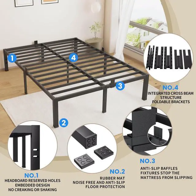 Alt view image 4 of 7 - MAF 18 Inch King Size Bed Frame Metal Platform Black with Mattress Stopper | Heavy Duty Steel Slat Support, No Box Spring Needed, Easy Assembly, Storage Space, Noise Free, Headboard Holes