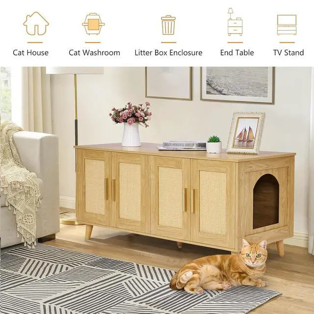 Alt view image 5 of 7 - Homhedy Boho Cat Litter Box Enclosure for 2 Cats, Natural | Hidden Litter Box Furniture with Double Rattan Decorated Doors, Cat Washroom, Cat House, Dog-Proof, TV Stand