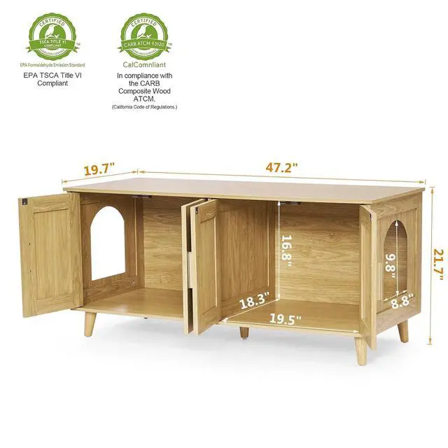 Alt view image 2 of 7 - Homhedy Boho Cat Litter Box Enclosure for 2 Cats, Natural | Hidden Litter Box Furniture with Double Rattan Decorated Doors, Cat Washroom, Cat House, Dog-Proof, TV Stand