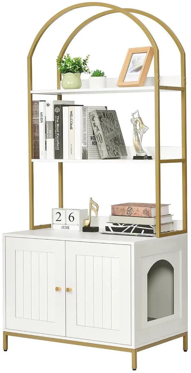 Main image of Homhedy Cat Litter Box Enclosure with 2-Tier Shelves, White and Gold | Litter Box Furniture Hidden, Indoor Cat House, Wooden Cat Washroom Furniture with Metal Frame, Modern Style