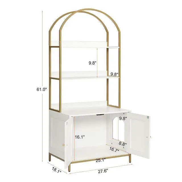 Alt view image 4 of 7 - Homhedy Cat Litter Box Enclosure with 2-Tier Shelves, White and Gold | Litter Box Furniture Hidden, Indoor Cat House, Wooden Cat Washroom Furniture with Metal Frame, Modern Style