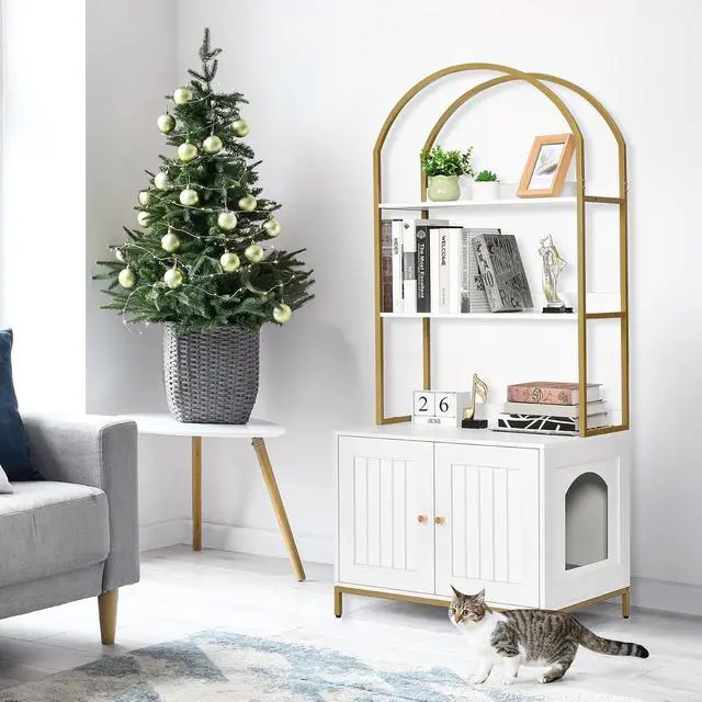 Alt view image 7 of 7 - Homhedy Cat Litter Box Enclosure, Litter Box Furniture Hidden with 2-Tier Storage Shelves
