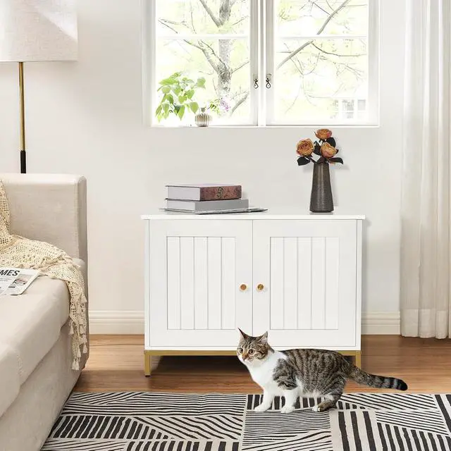 Alt view image 7 of 7 - Homhedy Cat Litter Box Enclosure with Barn Door and Modern Style Cat Litter Box Enclosure