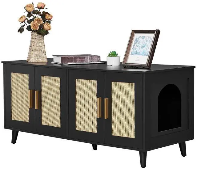 Main image of Homhedy Boho Cat Litter Box Enclosure for 2 Cats, Black and Natural | Hidden Litter Box Furniture with Double Rattan Decorated Doors, Cat Washroom, Cat House, Dog-Proof, TV Stand