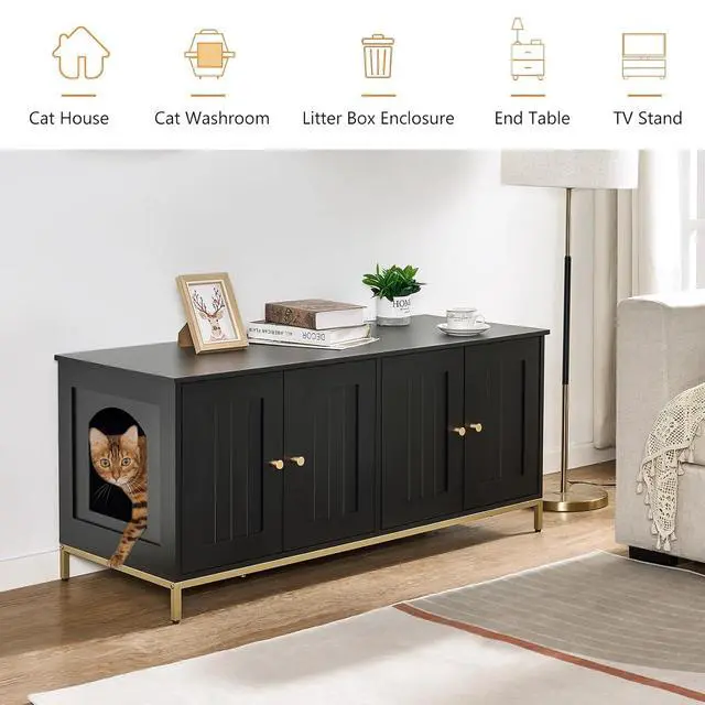 Alt view image 7 of 7 - Homhedy 31.5" L Cat Litter Box Enclosure and Modern Style 47.2L Cat Litter Box Enclosure for 2 Cats