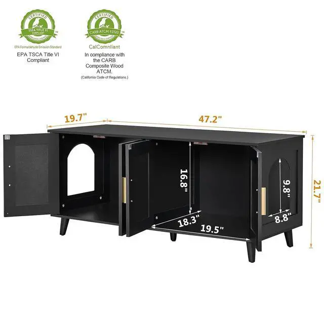 Alt view image 3 of 7 - Homhedy Boho Cat Litter Box Enclosure for 2 Cats, Black and Natural | Hidden Litter Box Furniture with Double Rattan Decorated Doors, Cat Washroom, Cat House, Dog-Proof, TV Stand