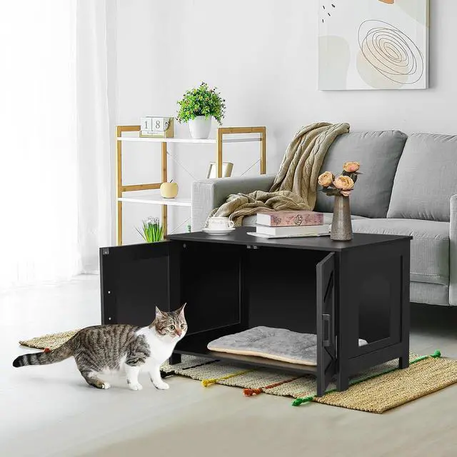 Alt view image 6 of 7 - Homhedy Cat Litter Box Enclosure and Cat Litter Box Enclosure wtih 2-Tier Storage Shelves