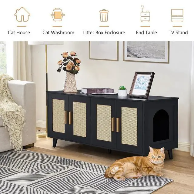 Alt view image 5 of 7 - Homhedy Boho Cat Litter Box Enclosure for 2 Cats, Black and Natural | Hidden Litter Box Furniture with Double Rattan Decorated Doors, Cat Washroom, Cat House, Dog-Proof, TV Stand