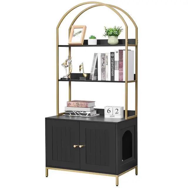 Alt view image 3 of 7 - Homhedy Cat Litter Box Enclosure, Litter Box Furniture Hidden with 2-Tier Storage Shelves,Black