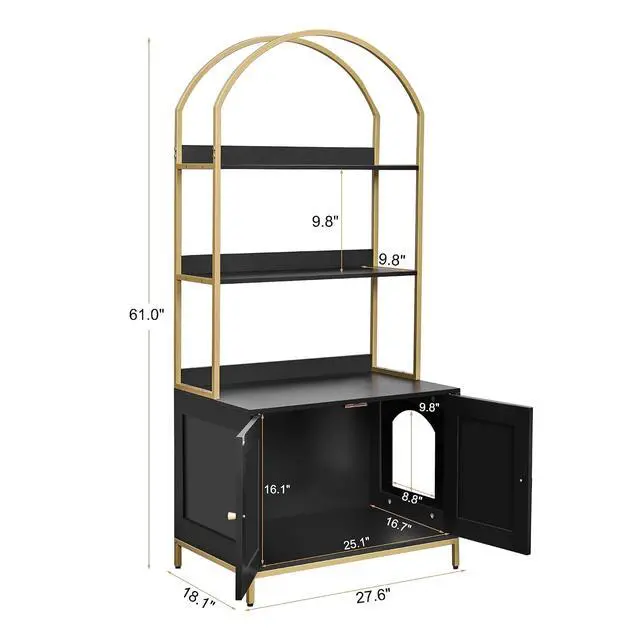 Alt view image 5 of 7 - Homhedy Cat Litter Box Enclosure, Litter Box Furniture Hidden with 2-Tier Storage Shelves,Black