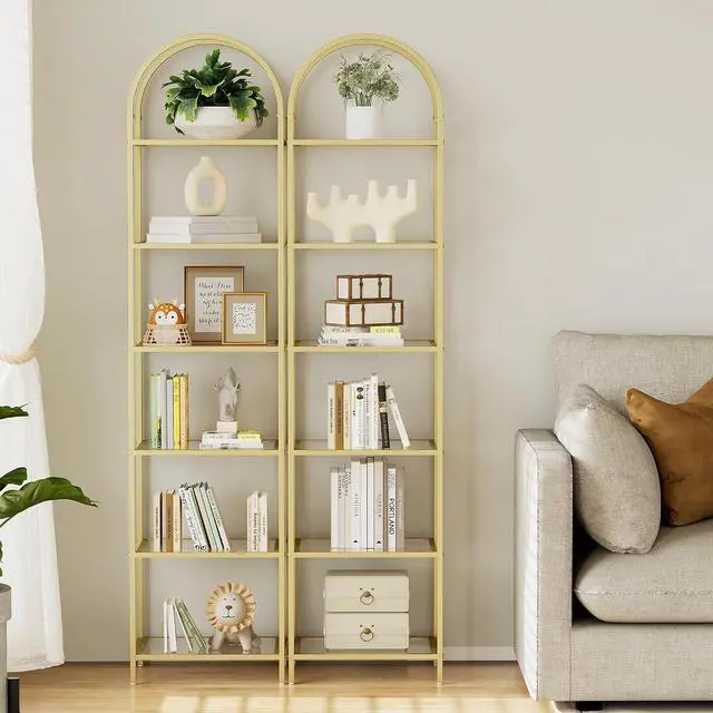 Alt view image 5 of 7 - Homhedy 6-Tier Tall Gold Bookshelf, Arched Bookcase with Glass Shelves | Modern Arched Display Racks, Metal Bookcase, Storage Shelf for Home, Office,Living Room,Bedroom, 11.8"D x 13.8"W x 68.1"H
